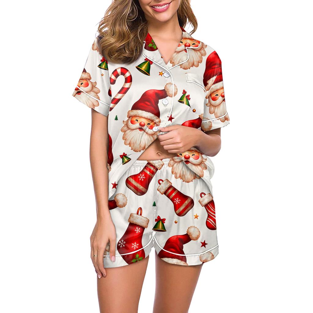 Women's Casual Fashion Christmas Print Short-Sleeve Top And Shorts Homewear Set