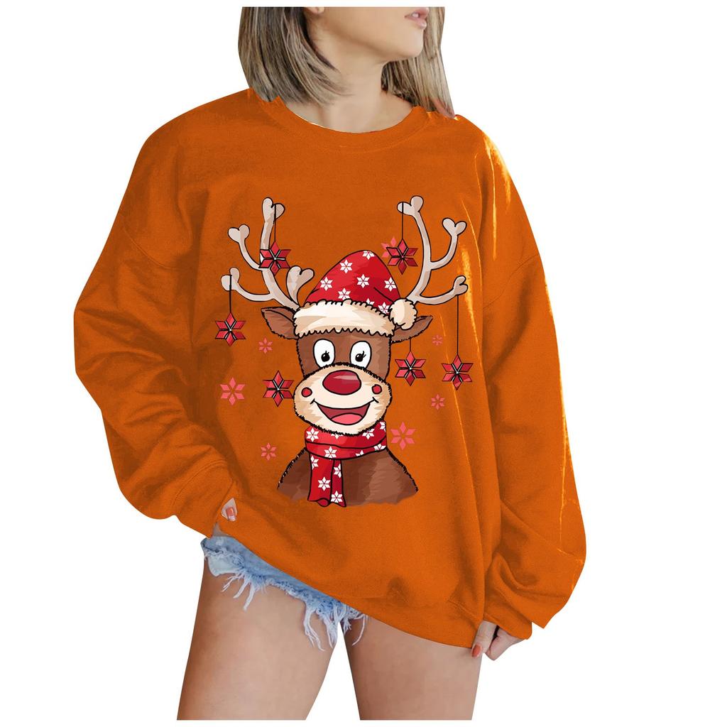 Women's Padded Round Neck Long Sleeve Tops Christmas Cute Elk Print Sweatshirt