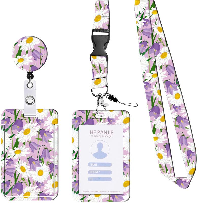 Fashionable ID Badge Holder Set Colorful Floral Sunflower Printing Lanyard ID Card Sleeve With