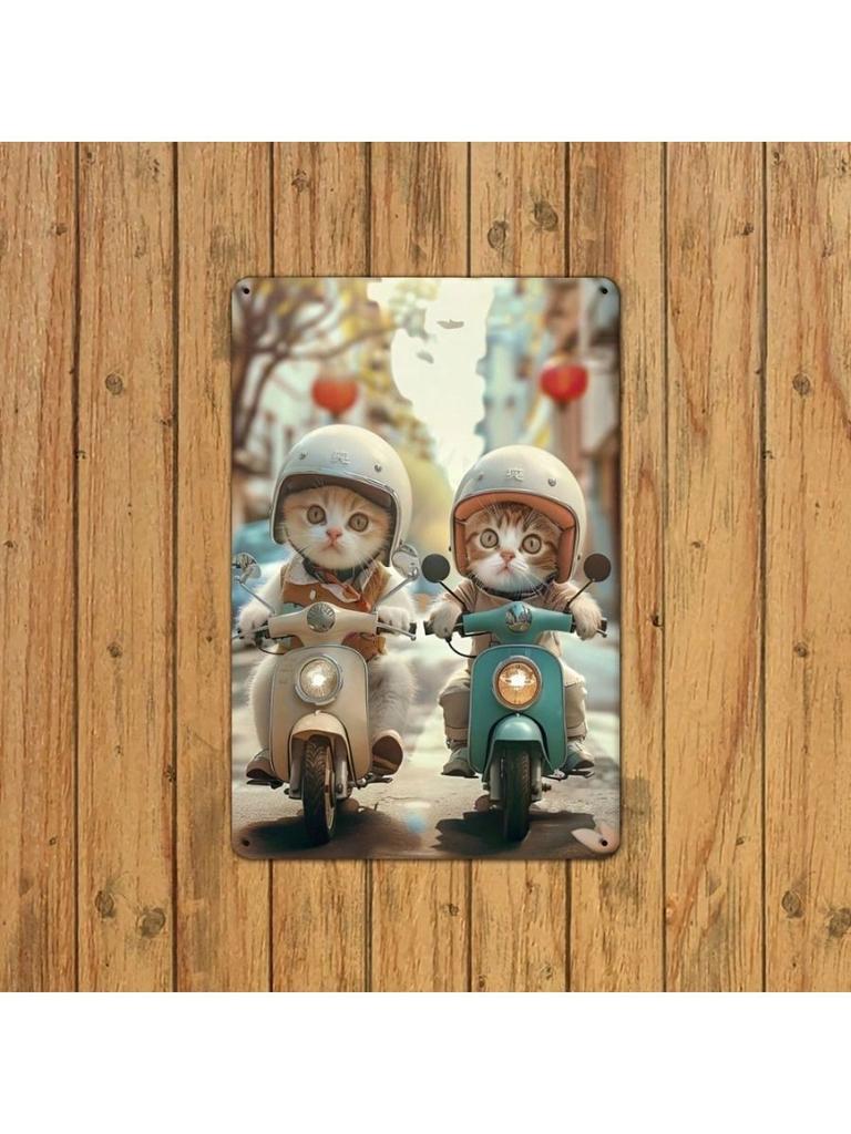 Vintage Cat on Scooter Metal Wall Art Decor for Cafe Home
