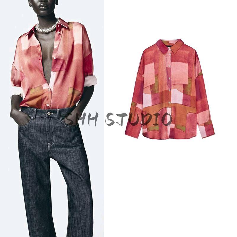 Spring New Women's Clothing French Geometric Figure Print Loose Silk Satin Texture Long Sleeves Shirt 2628188