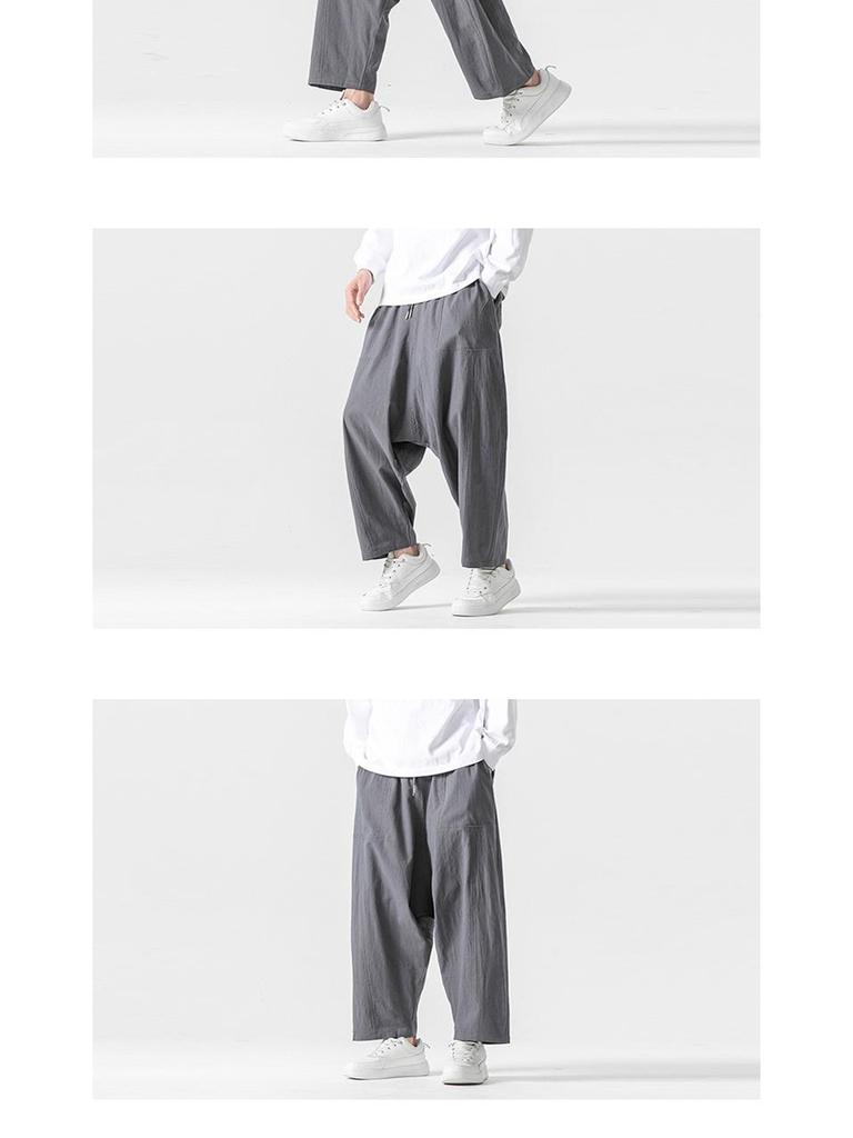 2024 Autumn/Winter Men's Cotton Linen Harem Pants - Chinese Style Patchwork, Casual Wide-Leg