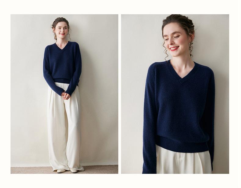 Women's Thickened V-Neck Cashmere Raglan Sweater - Loose Knit Two-Strand Base Layer for Autumn/Winter