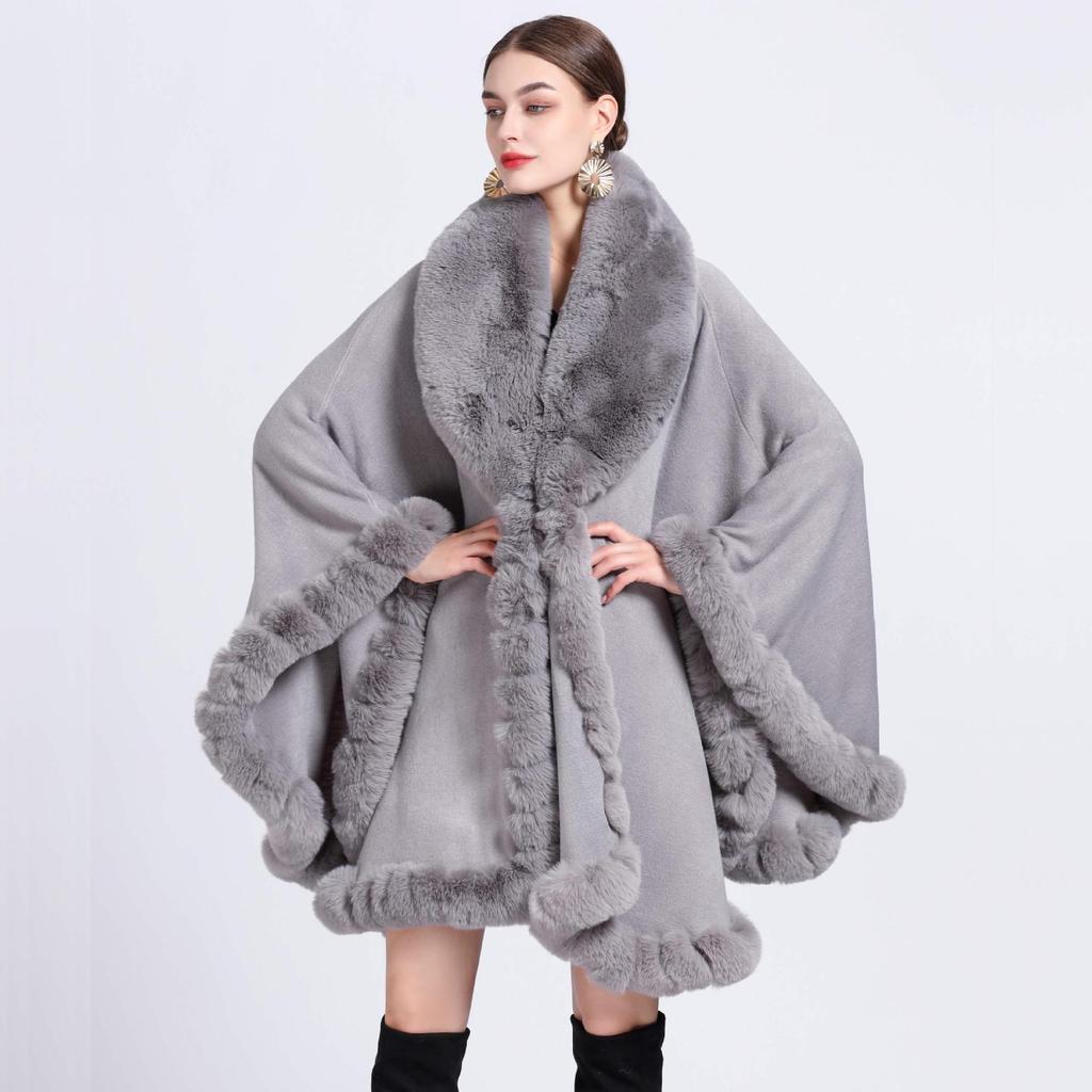 Women's Imitation Rex Rabbit Fur Collar Shawl Cape - Large Size, Knitted Loose Fit Cardigan for Autumn and Winter