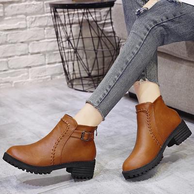 Ankle Boots for Women PU Leather Behind Zipper Retro Style Low Heel Women Boot Round Toe Fashion Short Boots Size43 D300