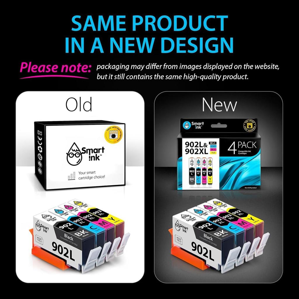 Smart Ink Compatible Ink Cartridge Replacement for HP 902 XL 902XL (4 Pack) Advanced Chip Technology to use with Officejet 6951 6954 6956 6958 6950
