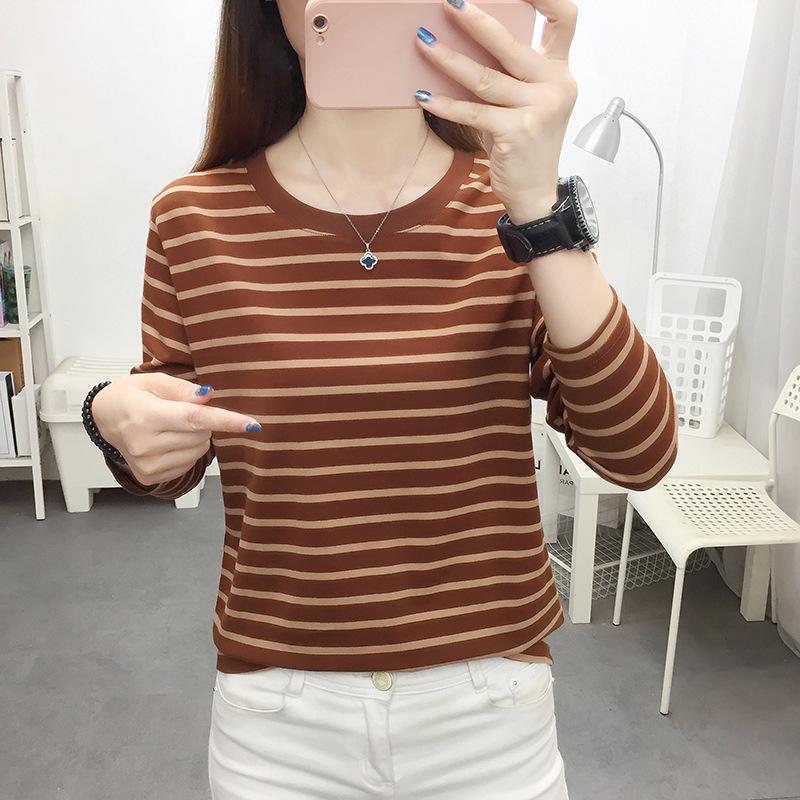 2024 Plus Size Slimming Long Sleeve Striped T-shirt for Women - Autumn Collection