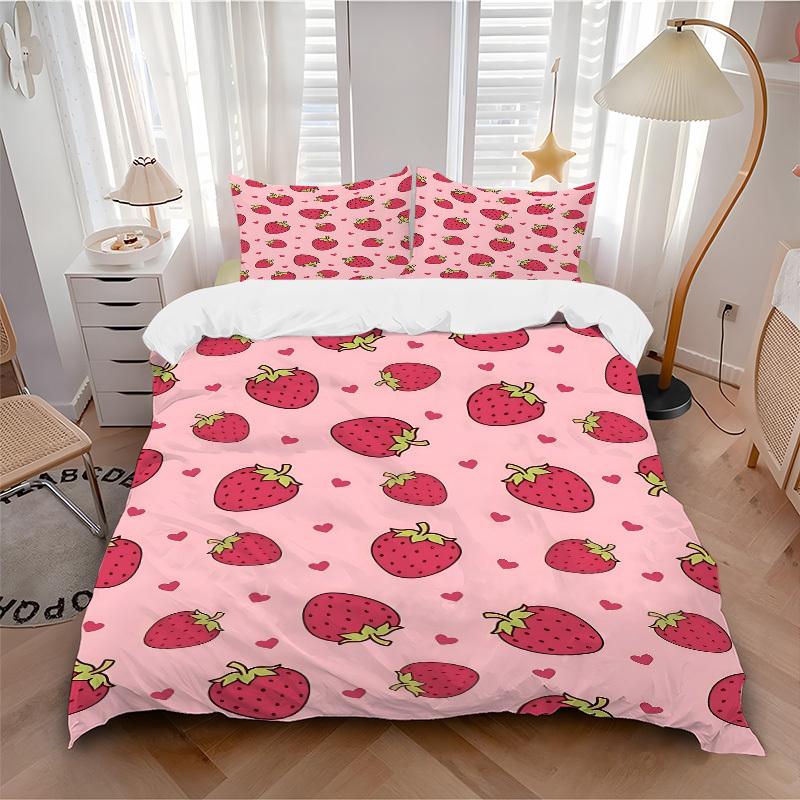 

3pcs Strawberry Hearts print bedding quilt cover, soft and comfortable quilt cover suitable for bedroom and guest room200 135x200cm
