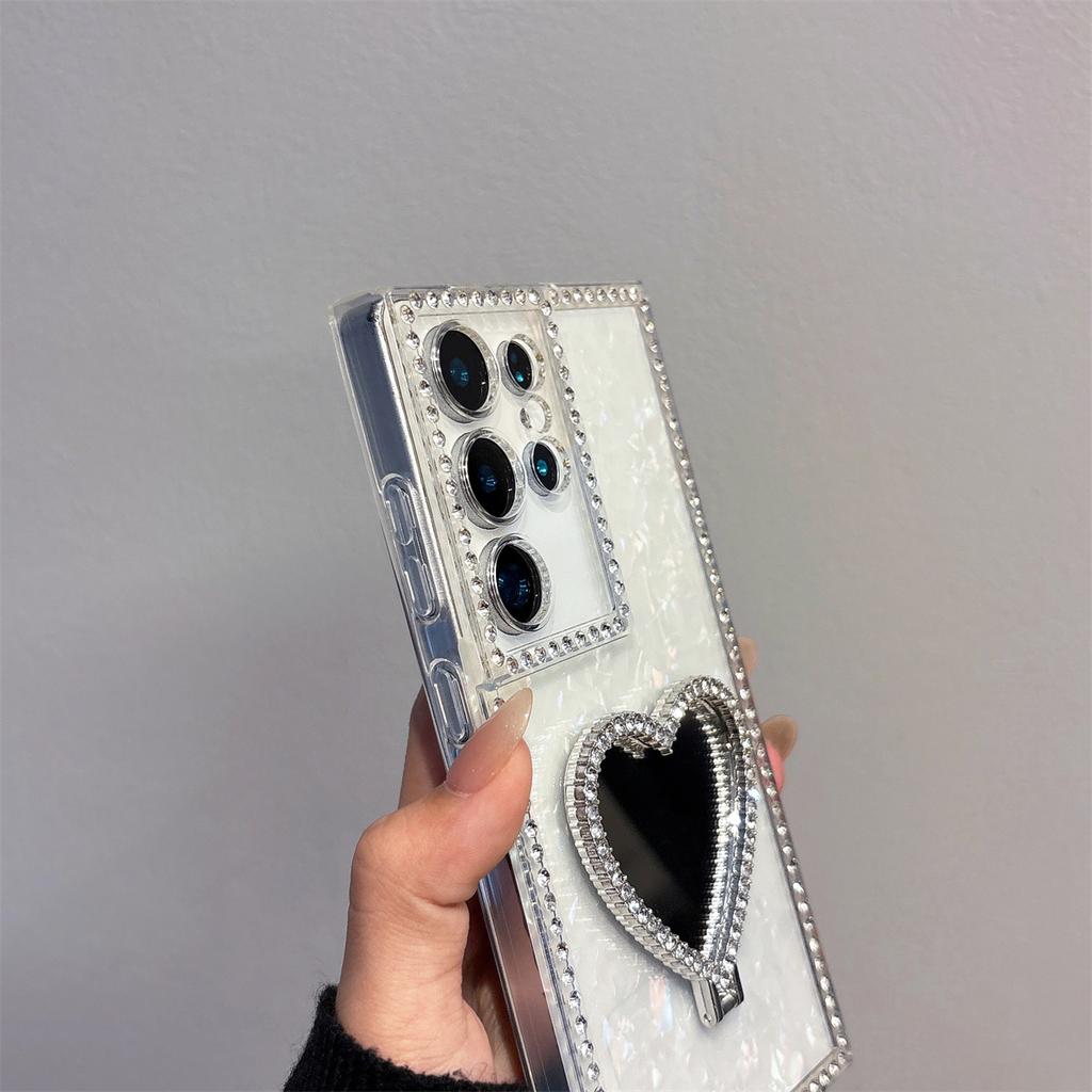 Wrist Strap Love Heart Mirror Diamond Bling Holder Phone Case for Samsung Galaxy S23 S24 S25 Plus S26 Ultra A07 A17 A16 A36 A56