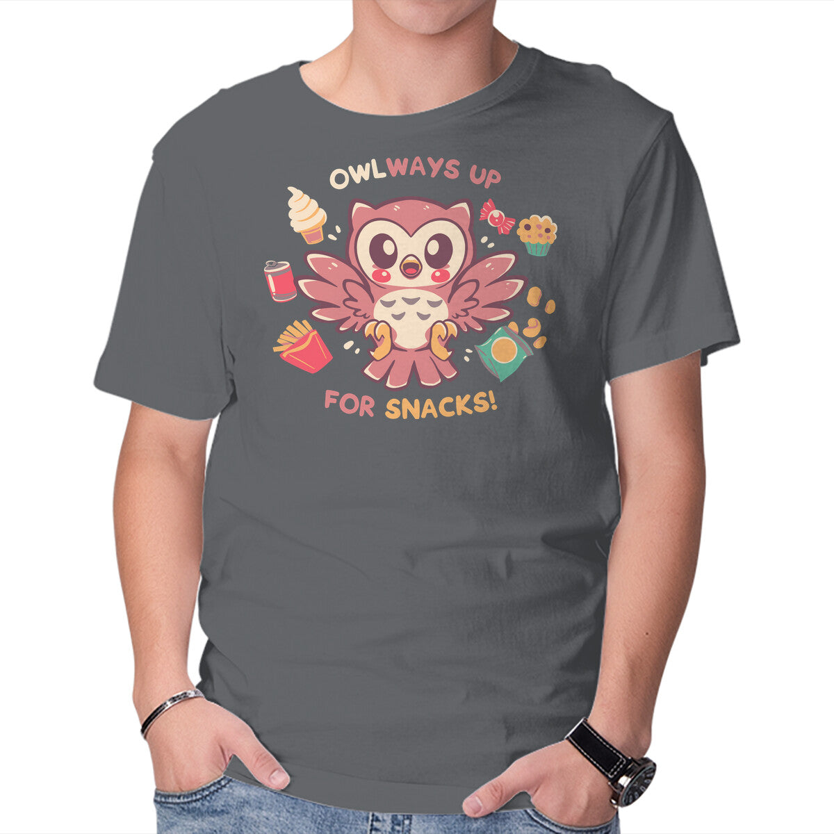 Unisex Crew Neck T-Shirt OWLways Up For Snacks Graphic Short Sleeve Casual Tee XXL