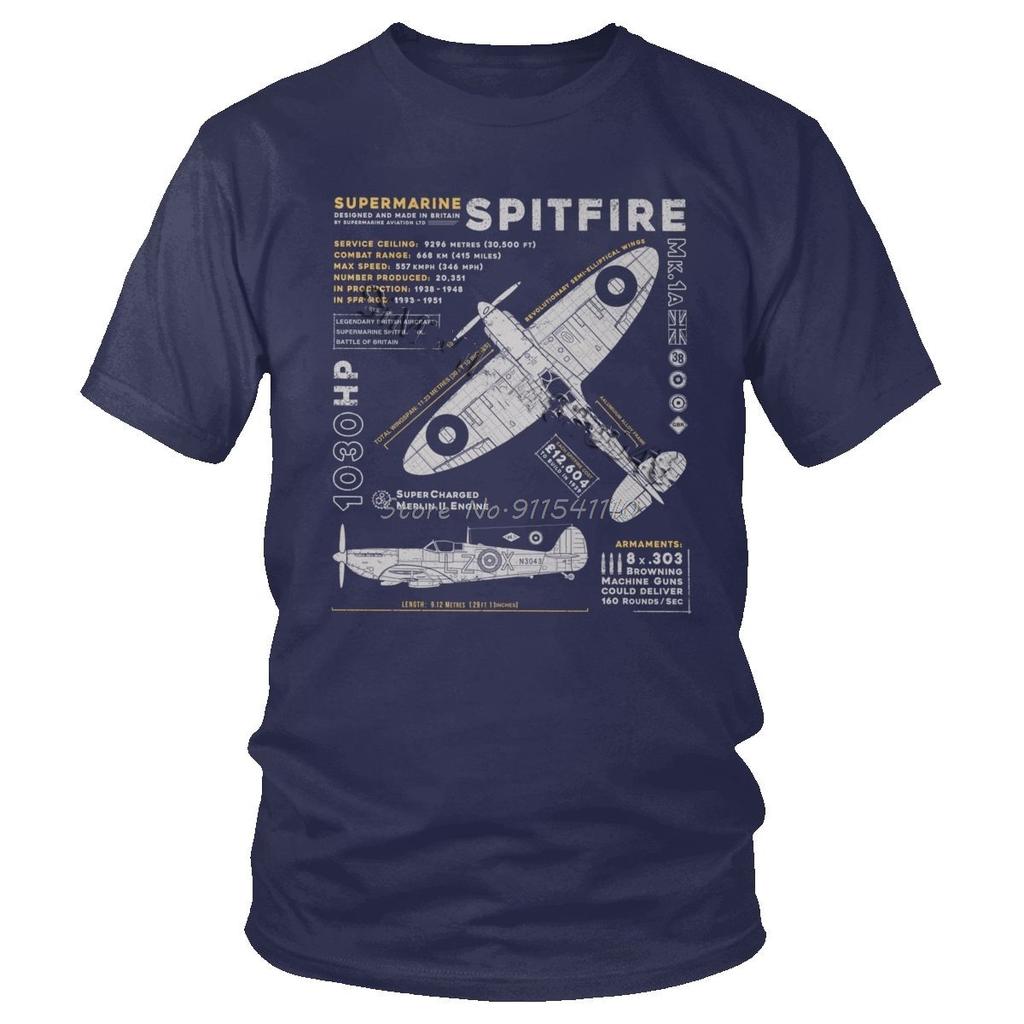 Vintage Supermarine Spitfire MK 1 T Shirt Men Cotton Tee Short Sleeve Fighter Plane War Pilot Aircraft Airplane T-Shirt Gift