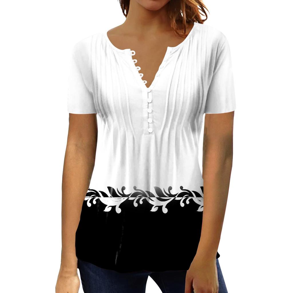 Women's Fashion Casual Retro Print Button Round Neck Short Sleeve T-Shirt Top