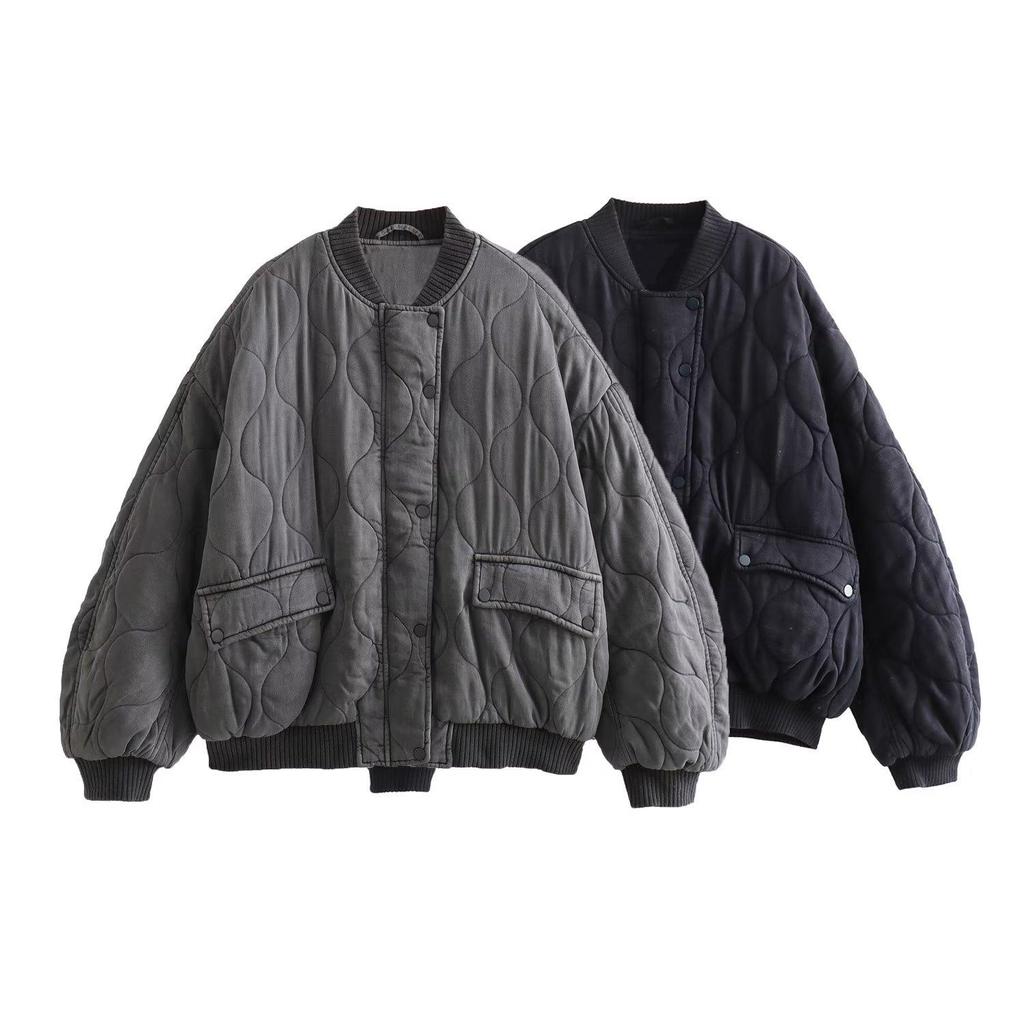 Oversized Quilted Bomber Jackets for Women Thick Warm Coat Long Sleeve Snap-Button Female Outerwear Chic Tops Fashion