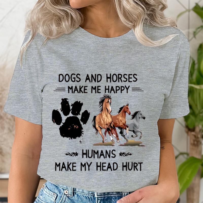 Dog Paw Wild Horses Graphics T Shirt Women Short Sleeve Shirt Dogs and Horses Make Me Happy Print Clothes Summer Female Tshirt