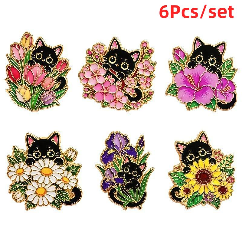1/6Pcs Animal Brooches Flowers Enamel Pin Set Cartoon Black Cat Brooch For Coat Collar Lapel Pins Metal Badges Jewelry Gift