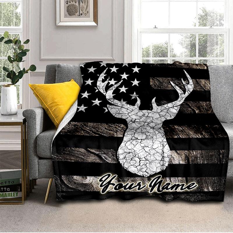 1PC Custom Name Deer Flag Art Flannel blankets Patterns Throw Blanket All-Season Soft Gift for Couch, Bed, Camping gifts