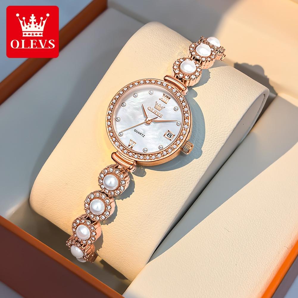 OLEVS Woman Watch Fashion Full Diamond Luxury Brand Ladies Watches Stainless Steel Pearl Bracelet Wrist Watches for Women 5635