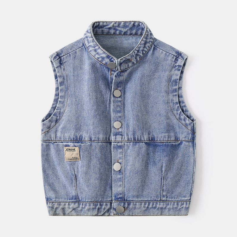 Spring and Autumn Boys Stylish Denim Vest Children s Clothing Kids Stand Collar Cardigan Baby Sleeveless Solid Color Jacket Denim Blue Minimalist Denim Vest 120