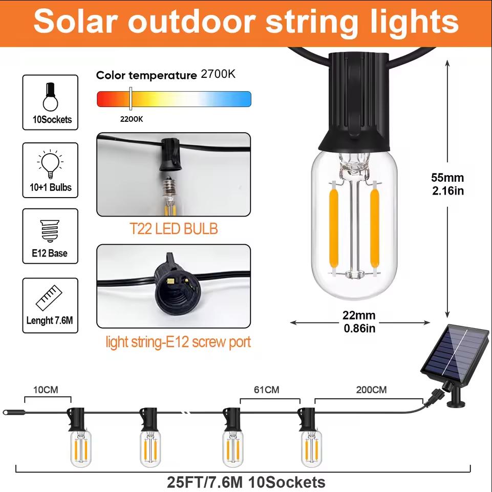 

Solar T22 Outdoor String Lights with Remote Controls 8 Lighting Modes LED Shatterproof Globe Bulb IP45 Waterproof Patio Light