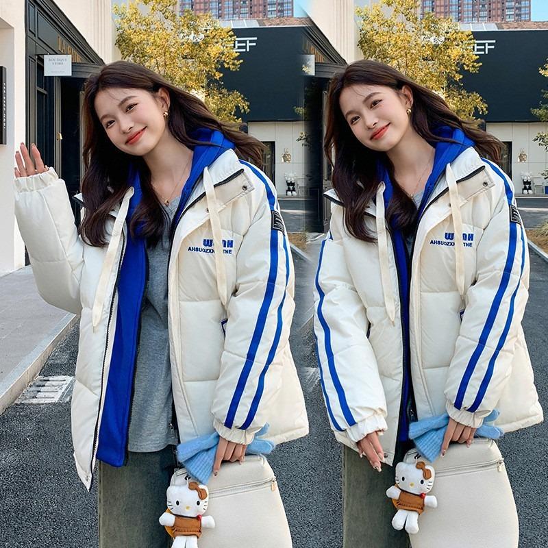 Padded clothes women's autumn and winter stripes color matching velvet thickened hooded top trendy casual padded clothes loose padded jacket