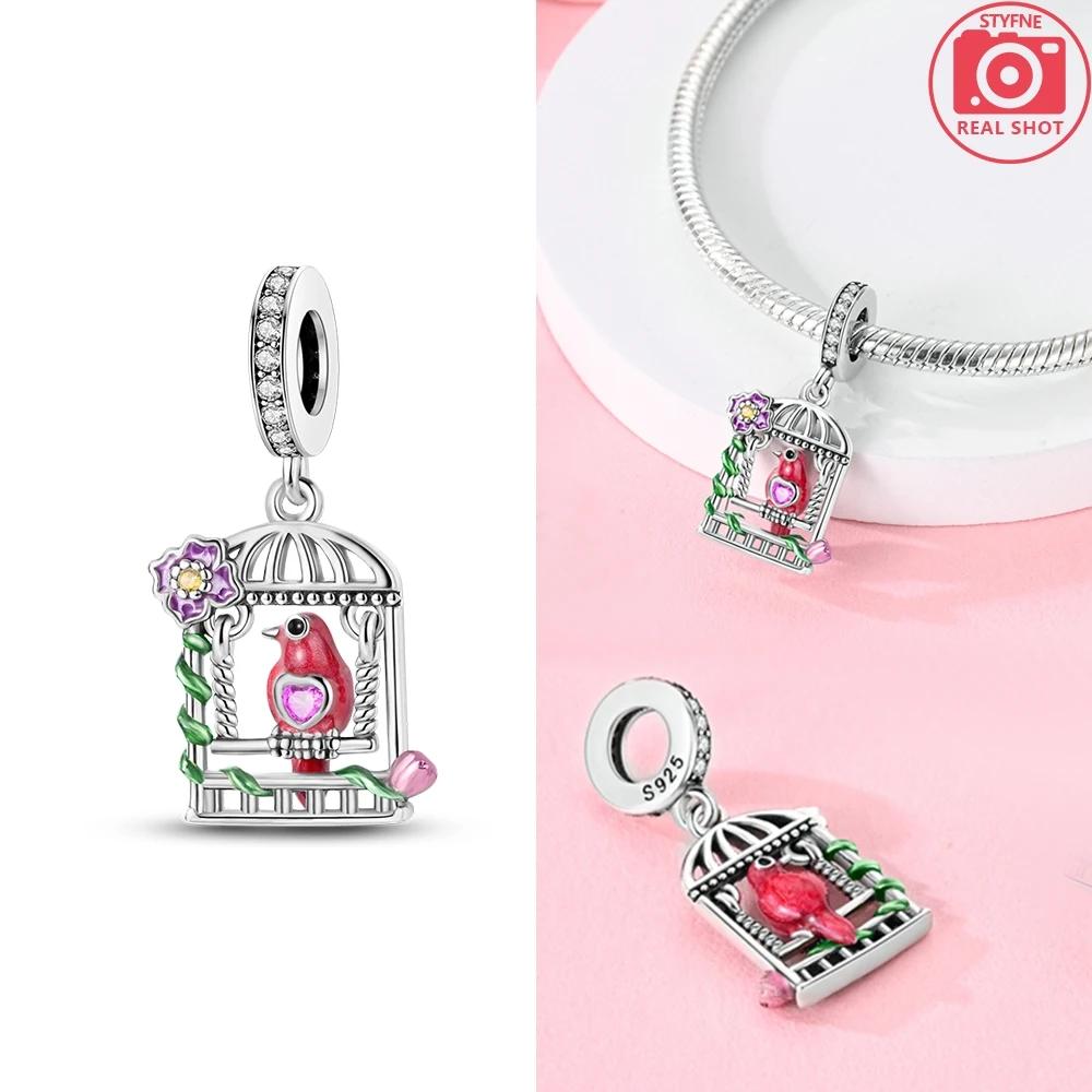 Copper Plated Birdcage Purple Flower Bird Pendant Beads Fit Charms Plataoriginal Bracelet Beads Women Jewellery Making