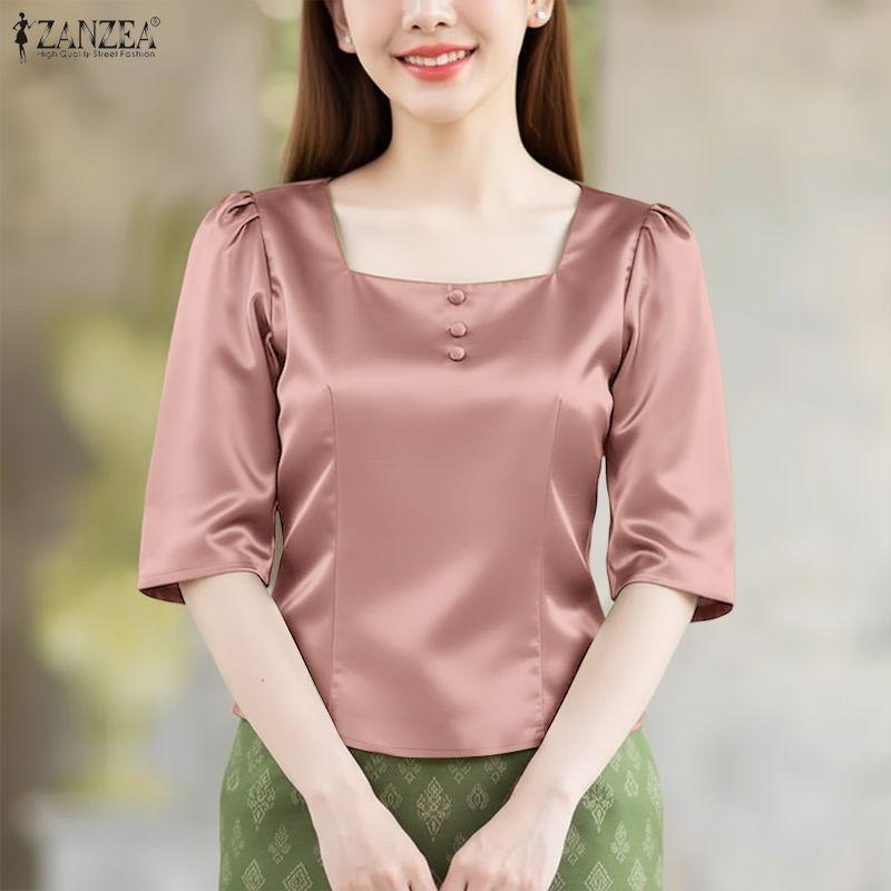 ZANZEA Women Casual Square Collar Summer Half Sleeve Blouse