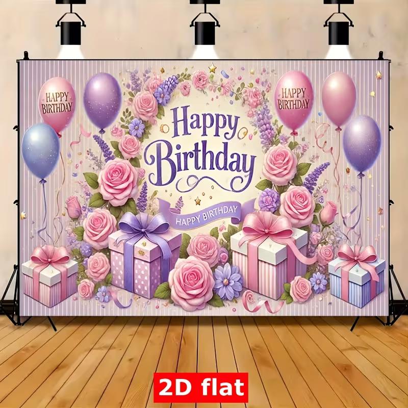 

2D Cute Pink Purple Birthday Background Cloth, Rose & Balloon Wall Hanging 47.2x31.5inch/120*80cm