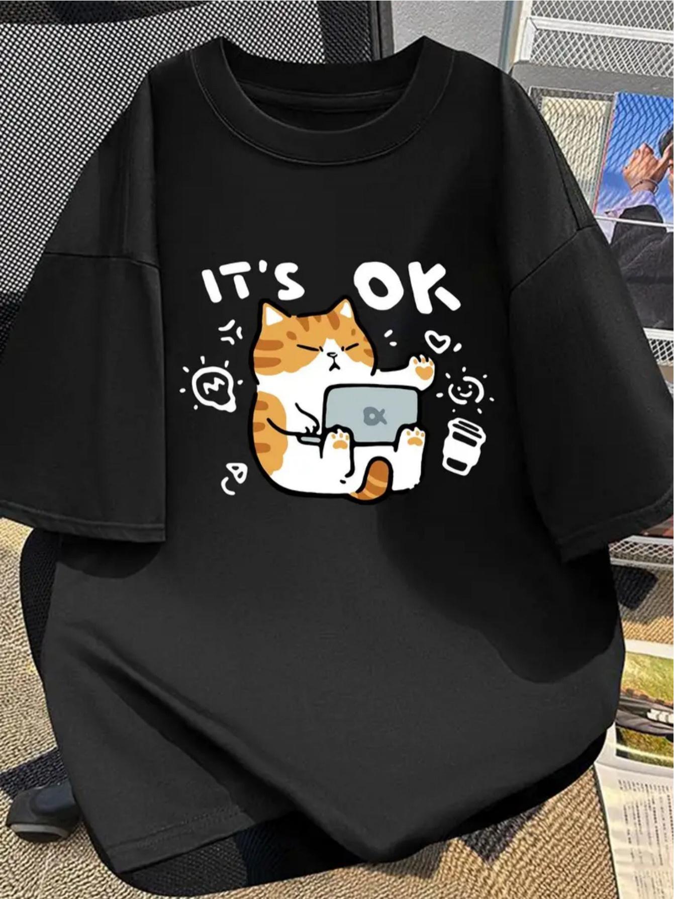 

Unisex Fun Cat Graphic T-Shirt - It s Okay Design with Cartoon Cat & Coffee Cup Soft & Breathable Round Neck Tee for 4XL