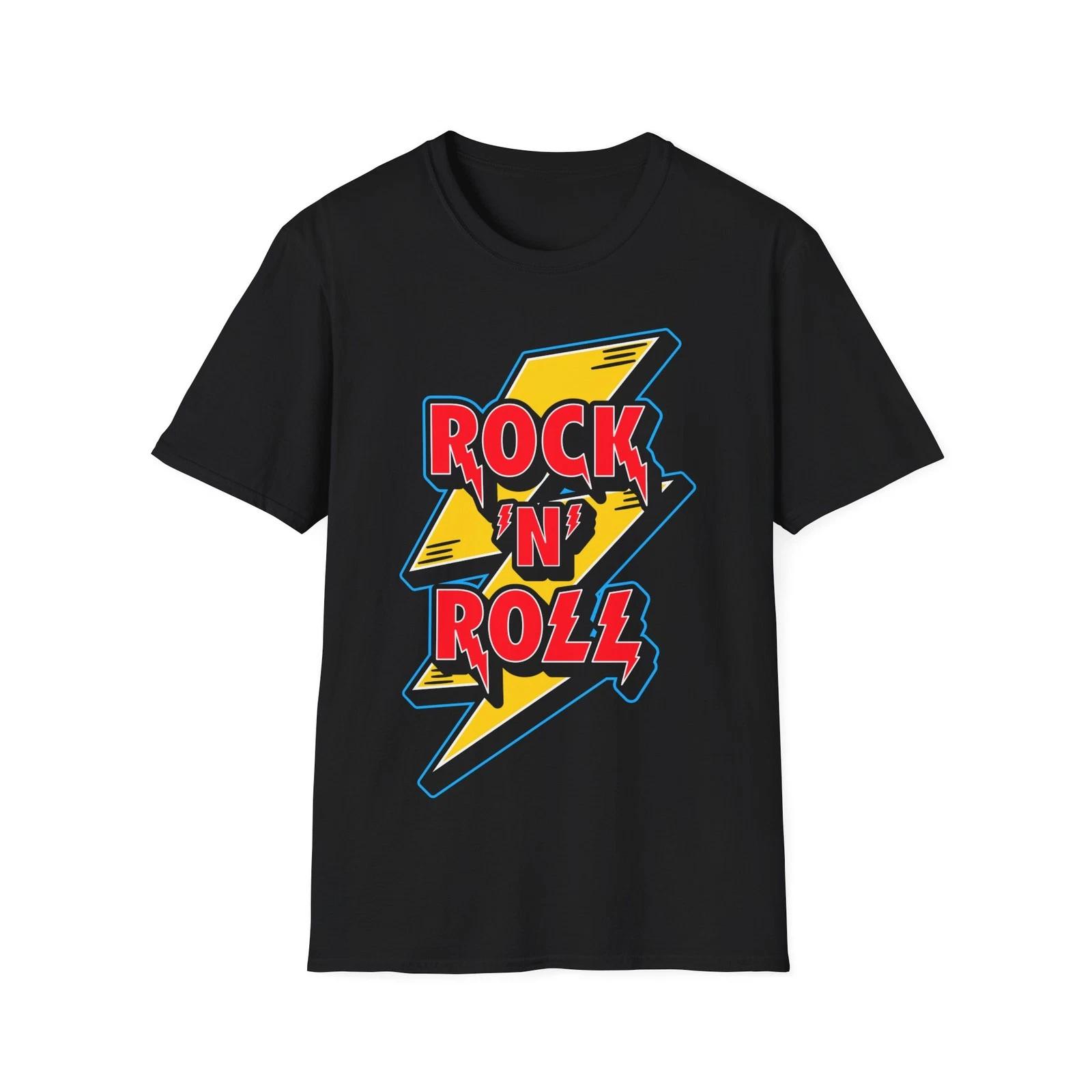 Rock N Roll Logo with Lightning Bolt T-Shirt, Classic Rock Tee, Regular Fit Top 4XL