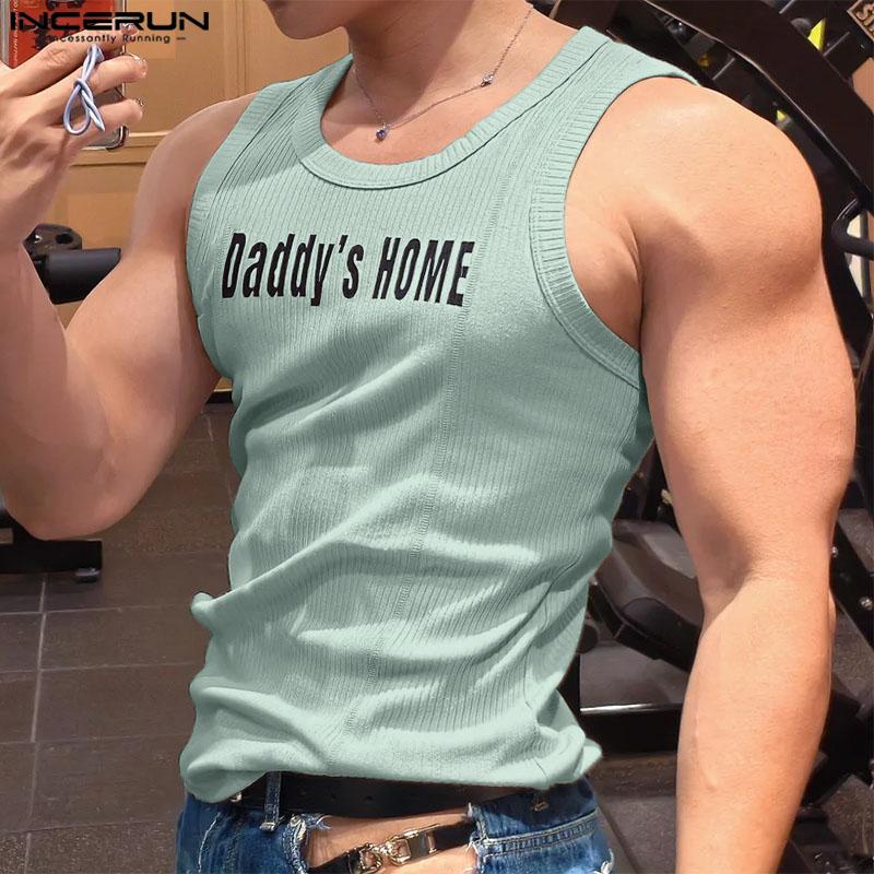 INCERUN Summer Men Sleeveless Print Ribbed Casual Sport Tank Tops Vest