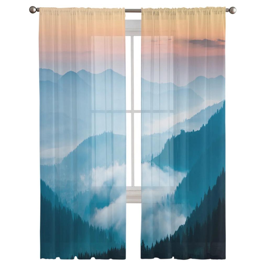 Mountain River Clouds Forest Modern Printed Tulle Curtains for Bedroom Balcony Window Decor Creative Fashion Home Sheer Curtain