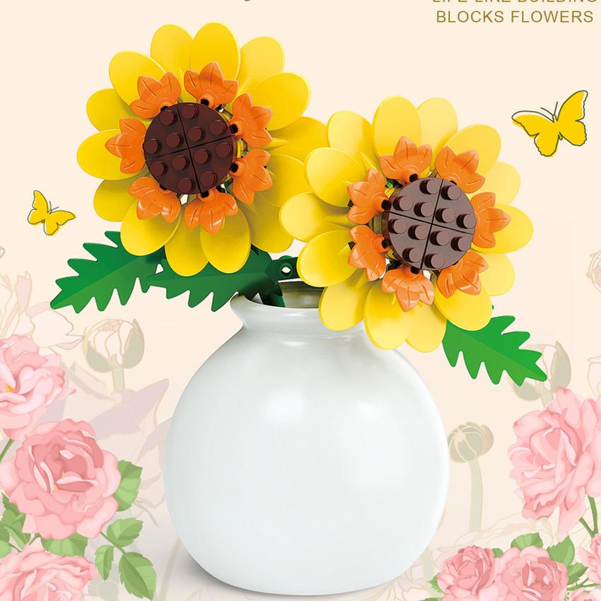 DIY MOC Flowers Bouquet Rose Sunflower Succulents Bonsai Vase Gardens Romantic Building Blocks Model Bricks Kids Sets Kits Toys