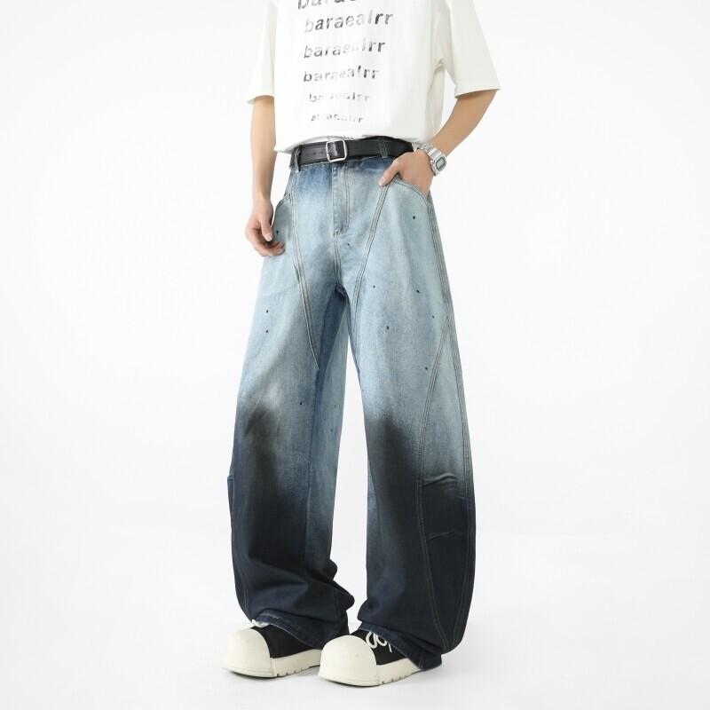 Spring new men's jeans American high street personality gradual change loose casual wide leg trousers