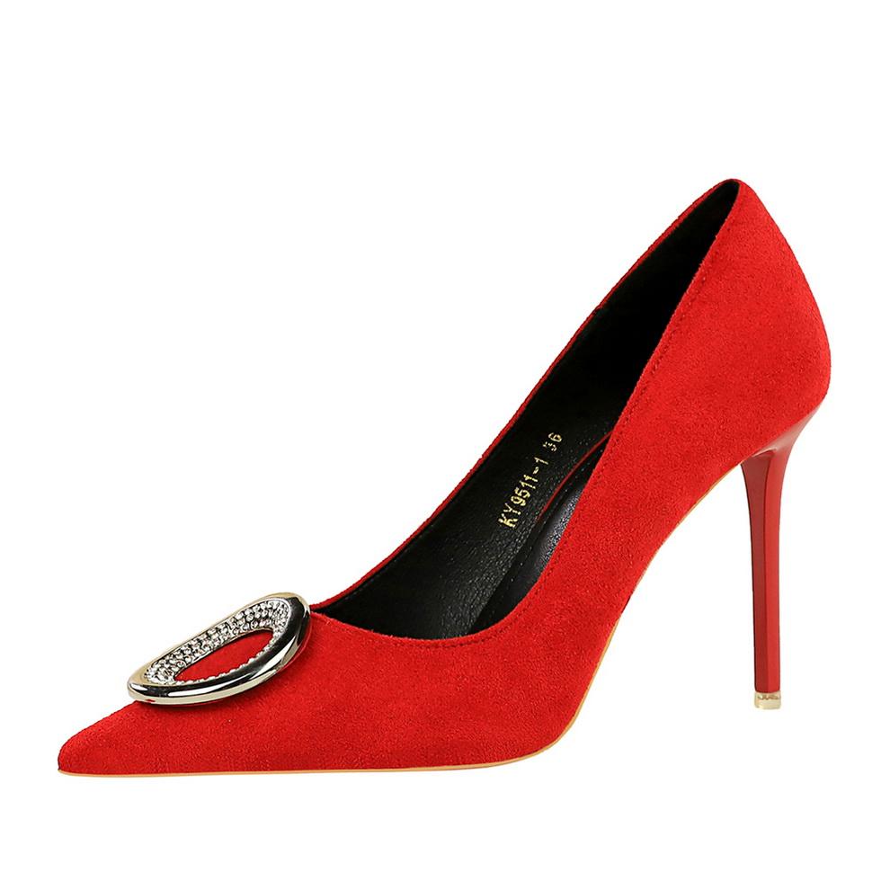 Dámské boty s úpravou chodidla pro zeštíhlení, Super vysoké podpatky, Semiš, Mělký výkroj, Špičatá kovová spona s kamínky, Lodičky na vysokém podpatku