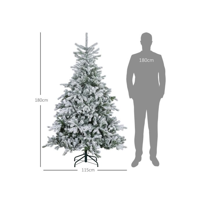 HOMCOM Sapin de Noël 180 cm, avec neige artificielle, ignifuge, montage et démontage rapides, base métallique