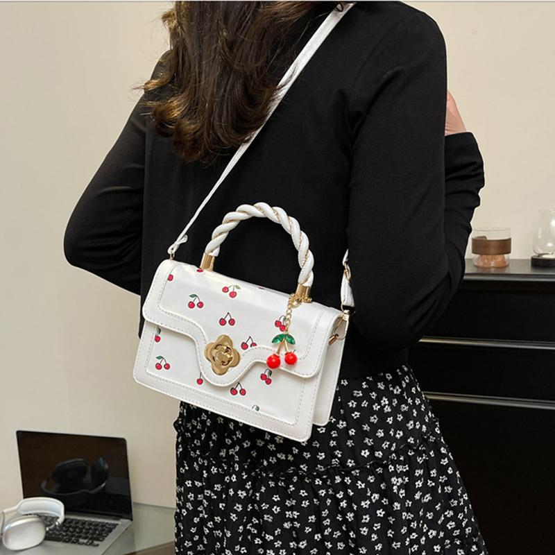 Women Cherry Square Bag PU Leather Sweet Cherry Crossbody Bag Adjustable Strap Sling Ladies Outdoor Small Handbags