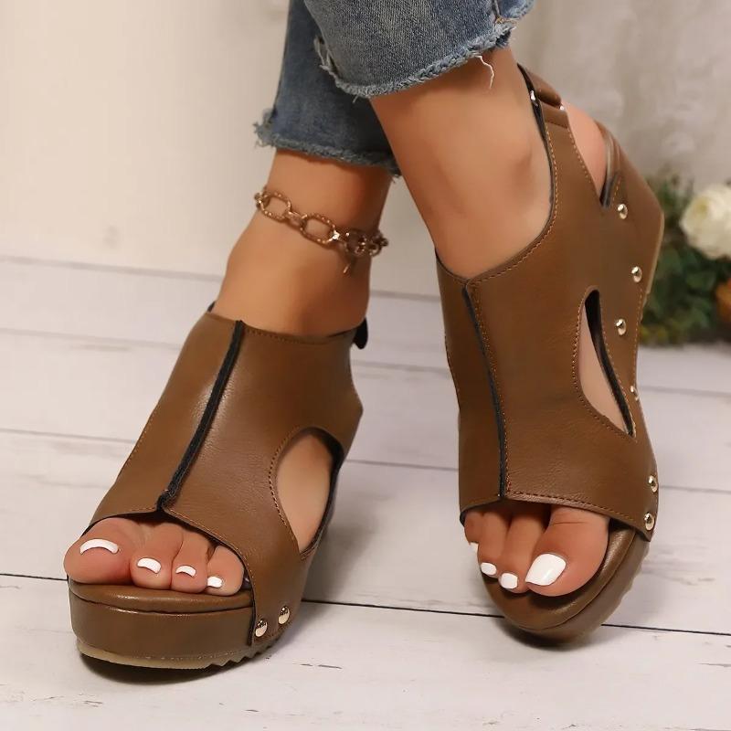 Fashion Women's Thick Heel Hollow out Fish Mouth Sandals Summer New Style Magic Tape Rivet Roman Shoe Type PU Leather Roman Shoes