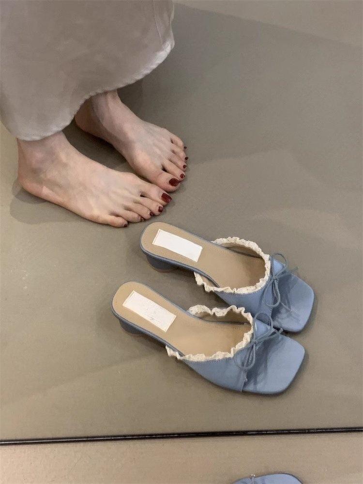 Retro bow one-word slippers women wear thick heel cool slippers