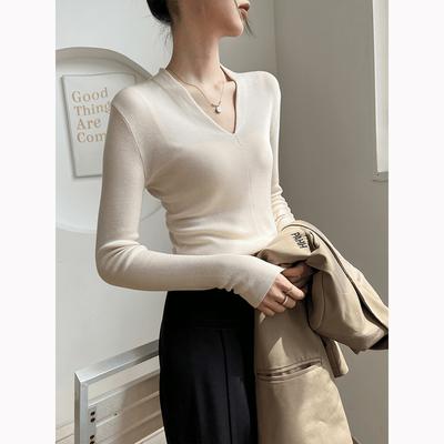 Spice Girl Style Collar Long-sleeved Knitted Sweater Women's Spring Slim-fitting and Thin Inner Top Temperament Bottoming Shirt