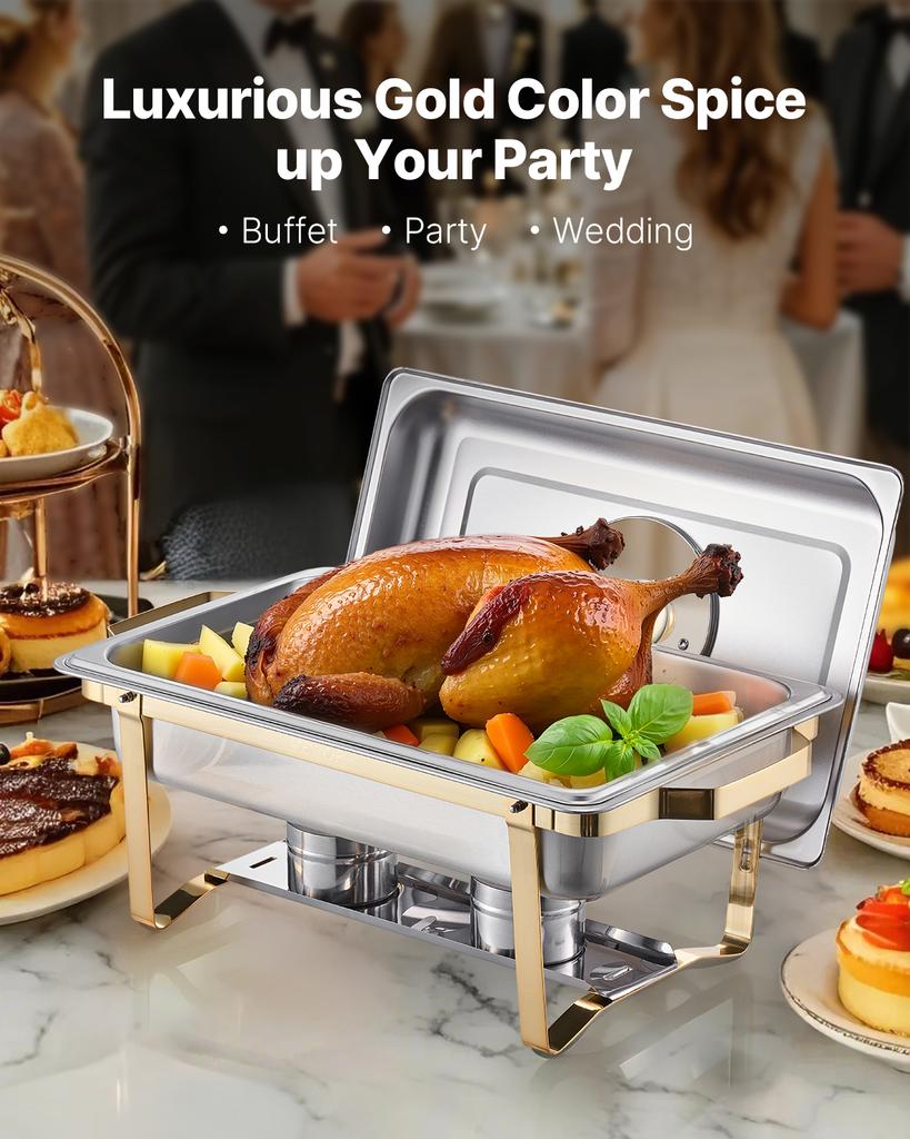 SucceBuy Chafing Dish Buffet Set 8 Qt Stainless Steel Chafer with Full Size Pans Rectangle Catering Warmer Server with Glass Lid