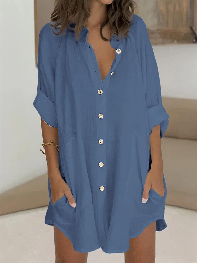 Cotton & Linen Row Button Plus Size Women's Mid-Length Short-Sleeve Loose Shirt