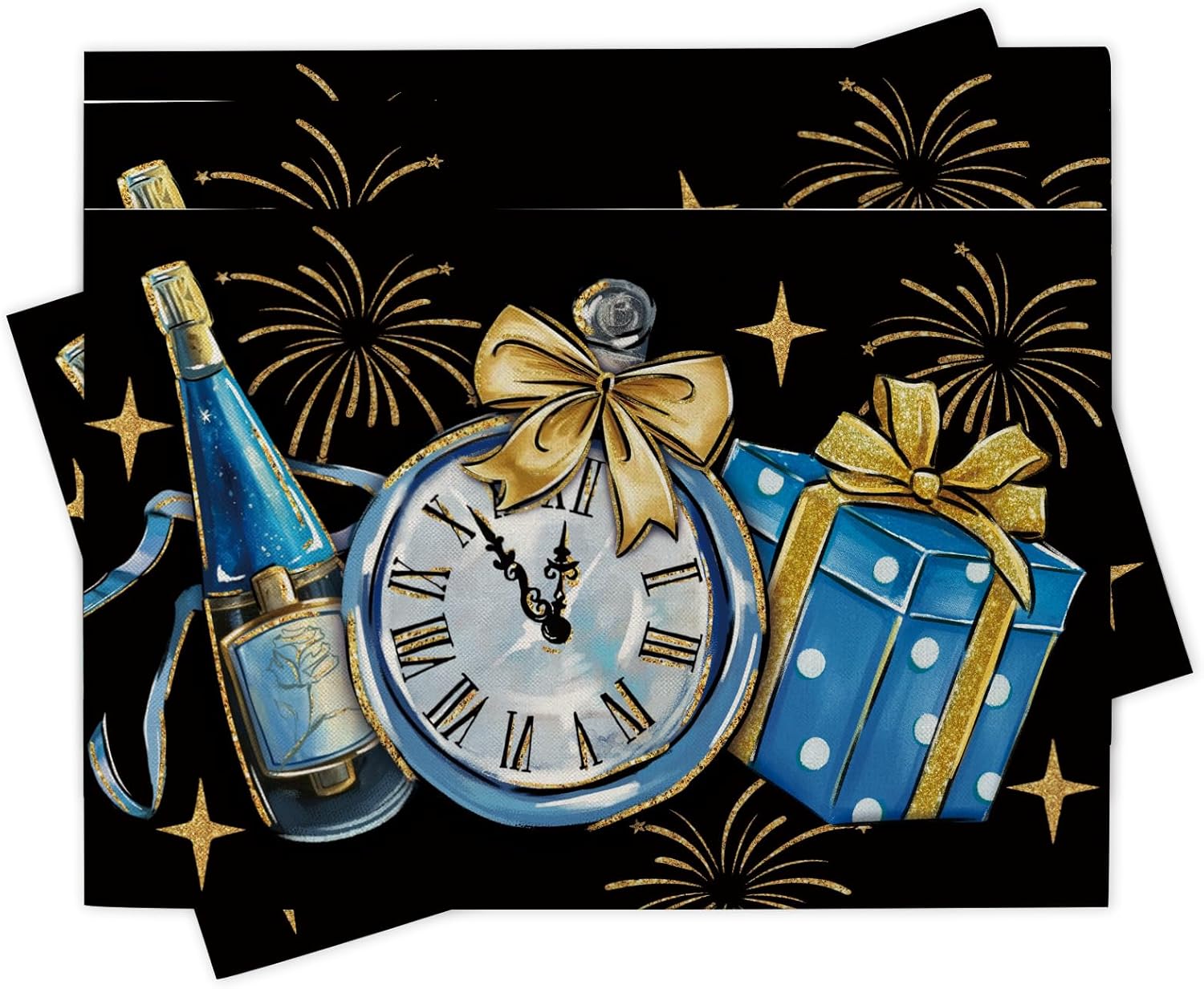 

New Year 2025 Blue Gold Placemats Set of 4, Clock Champagne Gifts Celebration Dining Place Mats Table Decor 4Pcs