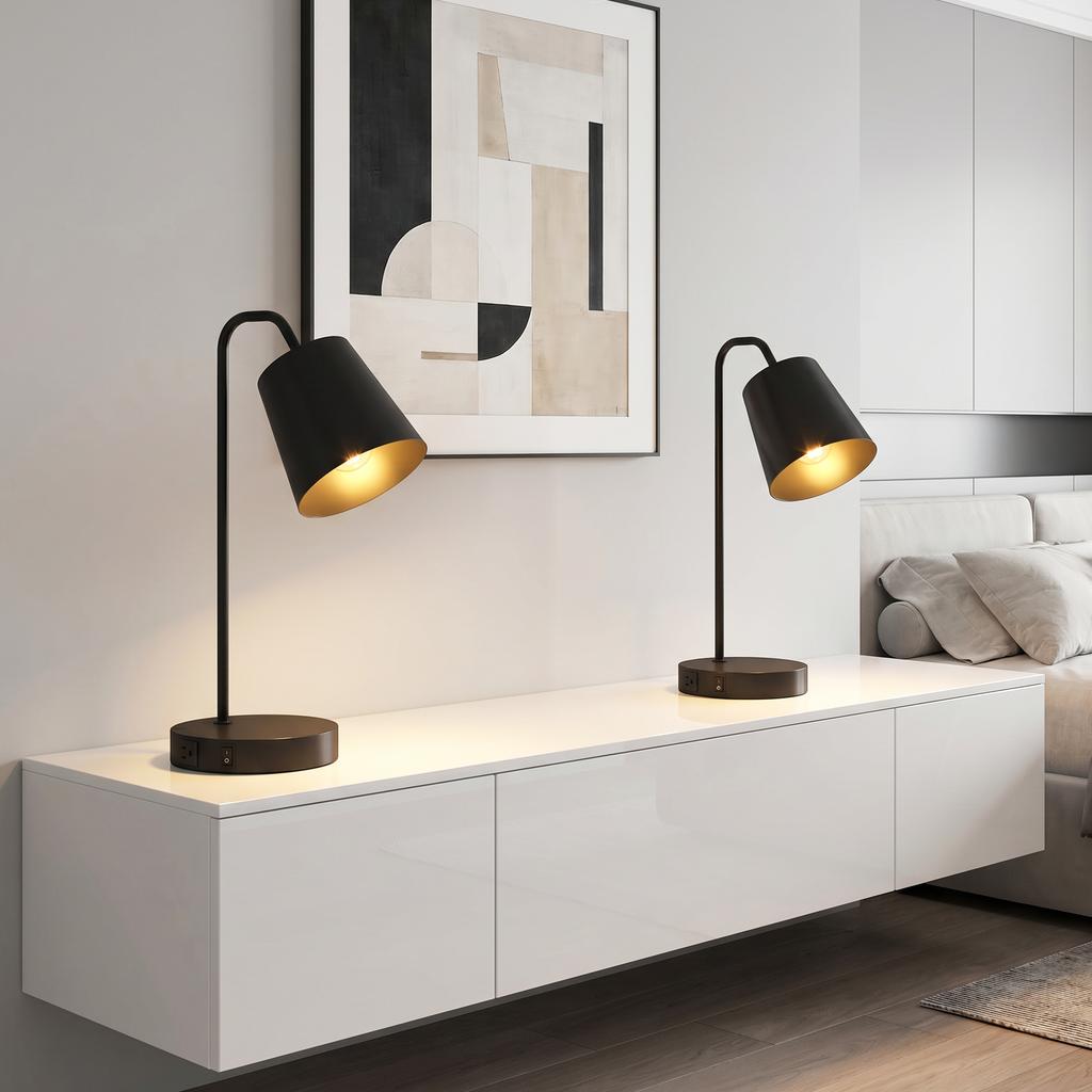 Table Lamp Set, 2 Pieces, Modern Lamps with USB-A and USB-C Port for Bedroom, Living Room & Office, Black