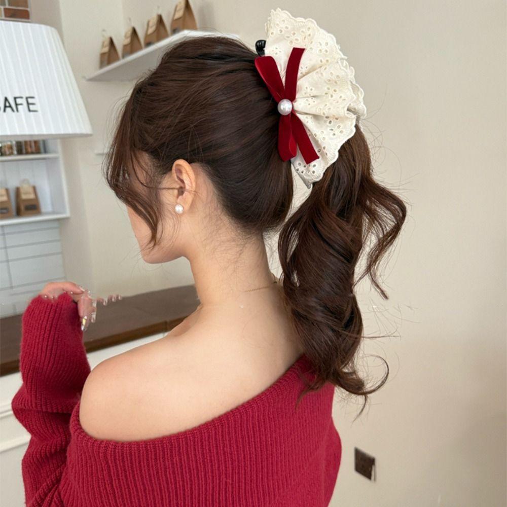 Hair Clips Bowknot Banana Clip Pearl Lace Bow Hairpin Red Velvet Bow Hair Clip Autumn and Winter
