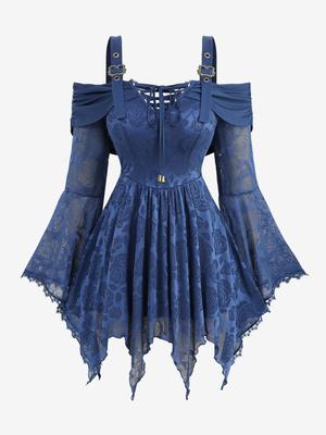Rosegal Plus Size Rose Flower Mesh Lace-up Panel Asymmetrical Flare Sleeves Cold Shoulder Top