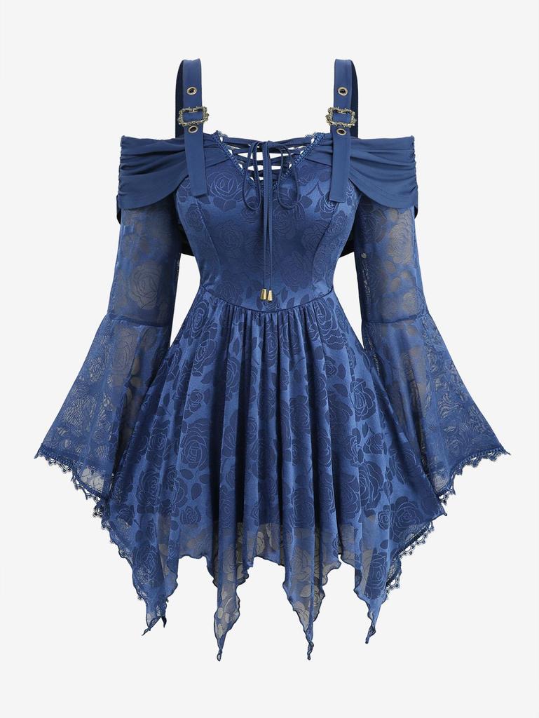 Rosegal Mărimi Mari Top cu Umeri Reci, Mâneci Cloș Asimetrice, Panou cu Șireturi din Plasă și Dantelă cu Flori Roz