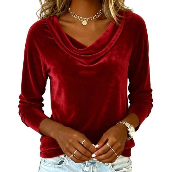 Women Tops Swing Collar Long Sleeve Velvety Fabric Solid Color Pullover Tops Golden Velvet Casual Blouse Office Date Wear
