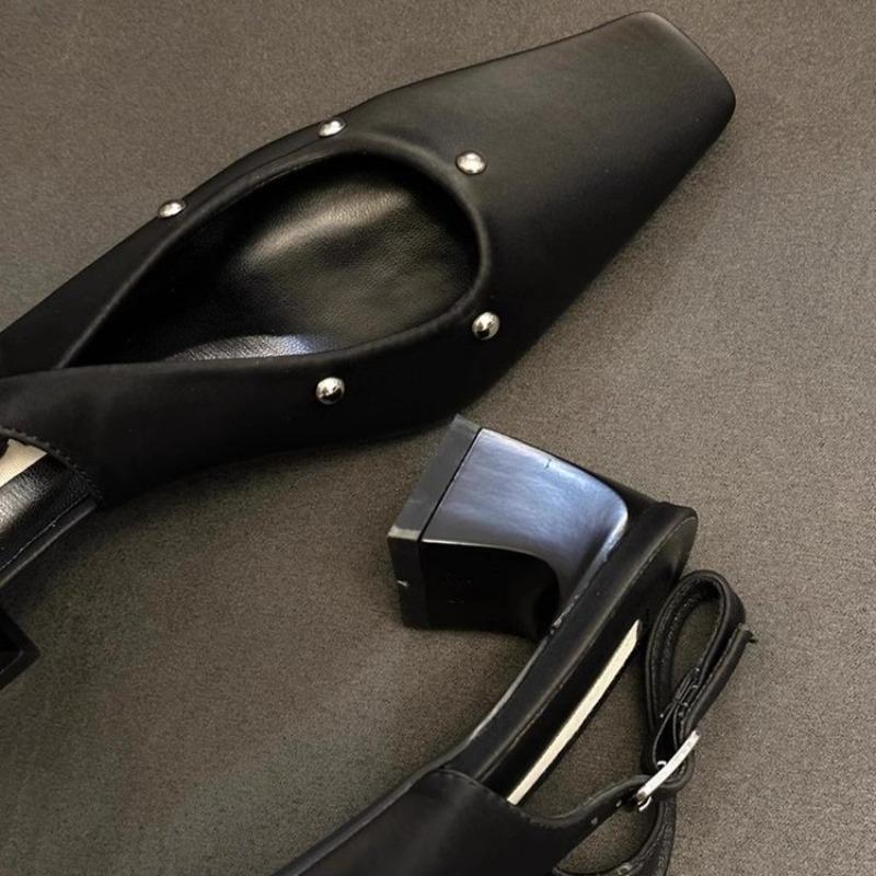 Fashion Spring and Summer Baotou Sandals Women's New Square Toe Shallow Mouth Rivet Back Trip Buckle Strap Block Heel Kitten Heel Shoes