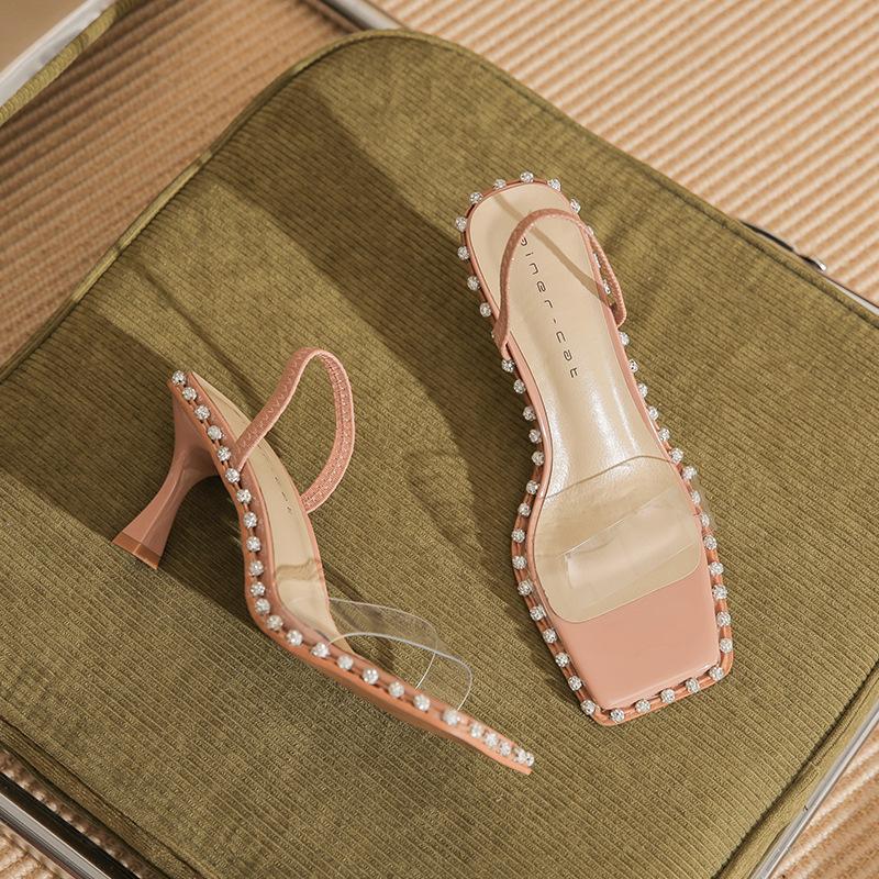 

7303 [sheepskin] high-heeled sandals women s thin heels summer 2025 new transparent one-word cold slippers with rhinestones 39