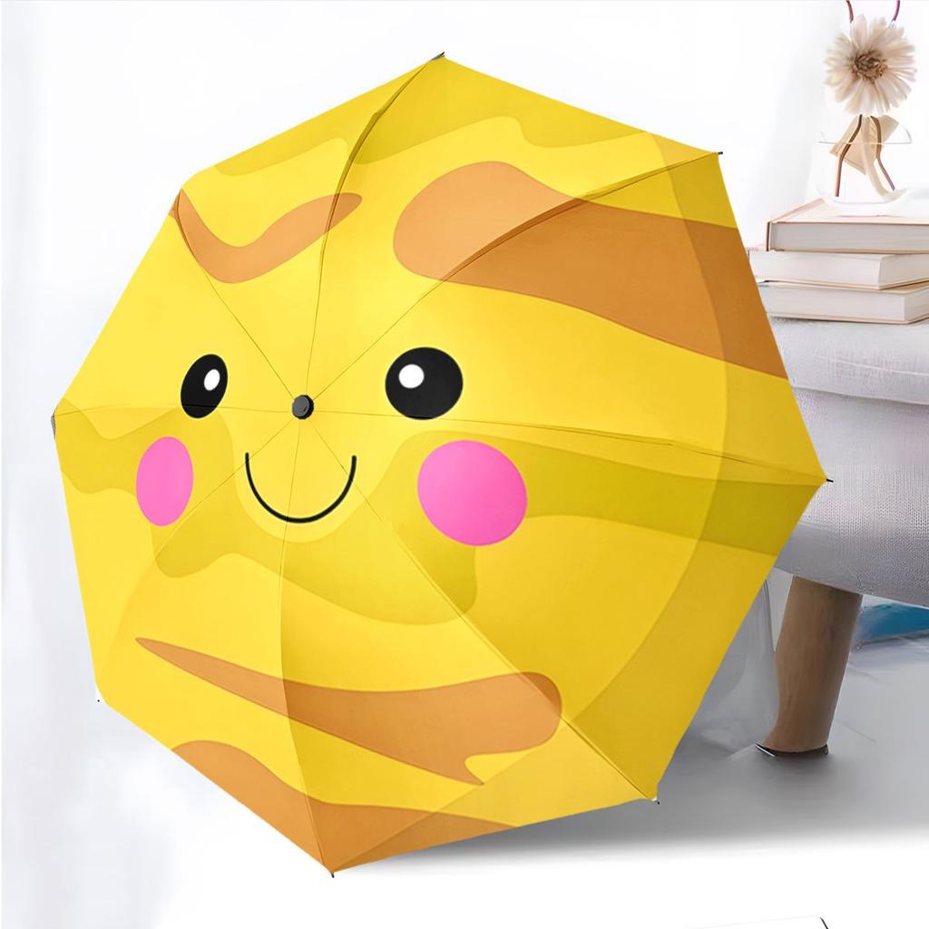 Automatic Folding Umbrella with Smiling Yellow Face & Pink Cheeks - Cute Joyful Design, 8-Rib Compact Portable Collapsible Umb